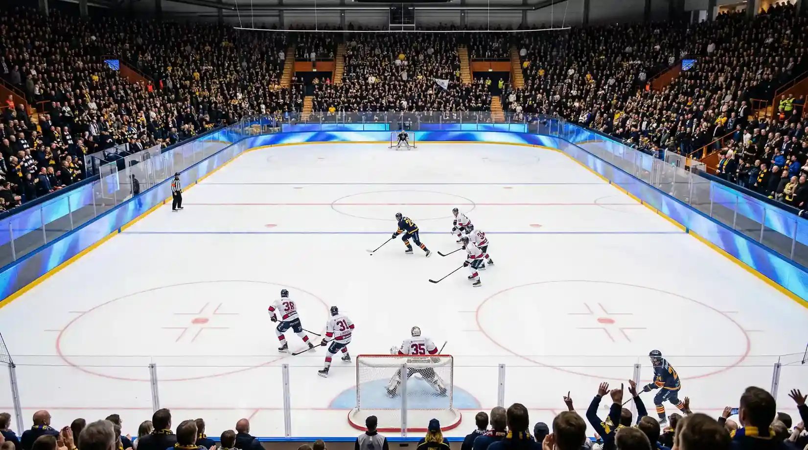 SHL ishockeymatch i fullsatt arena med publik och isyta